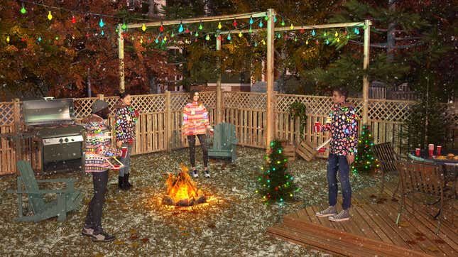 Group of adults standing at a distance outdoors in their party cup parkas [Image provided by Hefty]