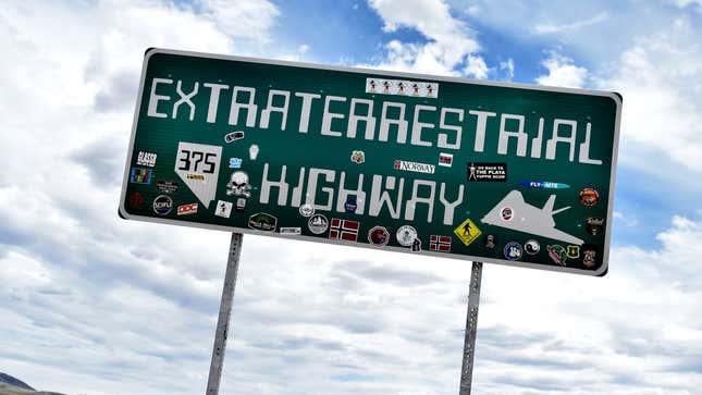 An Extraterrestrial Highway sign is posted along state route 375 on July 22, 2019 in Rachel, Nevada.