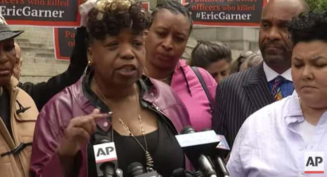 Eric Garner’s mother, Gwen Carr, speaking out May 9, 2019, after judge OK’d administrative trial for New York cop implicated in Garner’s death