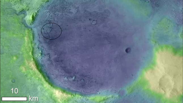 Imagen topográfica del cráter Jezero. Cuanto más claro el color, más elevado.
Imagen: NASA