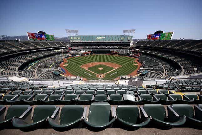 A general view of the Oakland Athletics playing against the Los Angeles Angels in an empty stadium at Oakland-Alameda County Coliseum on July 25, 2020 in Oakland, California.