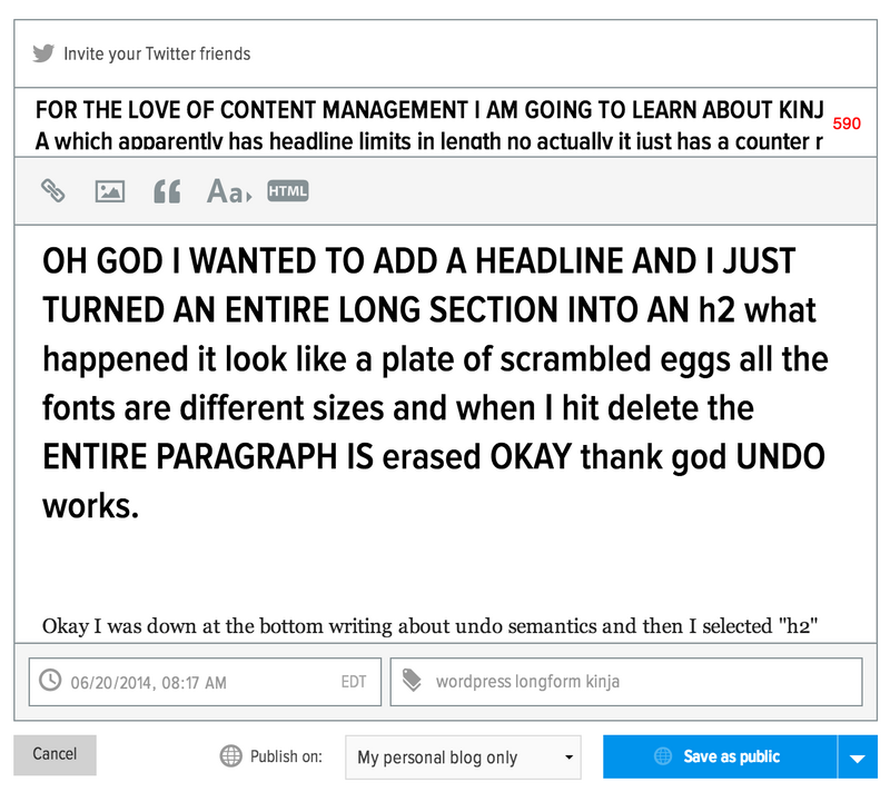 Illustration for article titled FOR THE LOVE OF CONTENT MANAGEMENT I AM GOING TO LEARN ABOUT KINJA which apparently has headline limits in length no actually it just has a counter regarding headline length and its unclear exactly how long headlines can be and if they can be really long or not, but one thing is clear and that is that headlines cant have italics anyway this headline [oh no according to Twitter, which is apparently where you go for Kinja documentation, you emcan have italics/em by putting gt;emlt; tags into the headline which is admittedly perfectly intuitive i cant believe people dont just know automatically that this CMS supports HTML tags in its headlines anyway back to our show] is 484 characters and I dont know why its telling me the character count in red maybe if I put my mouse over the red thing nope