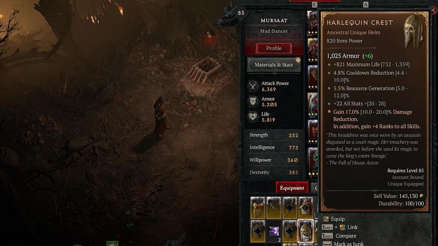 Snímek obrazovky Diabla 4 ukazuje, jak hráč dostává shako.