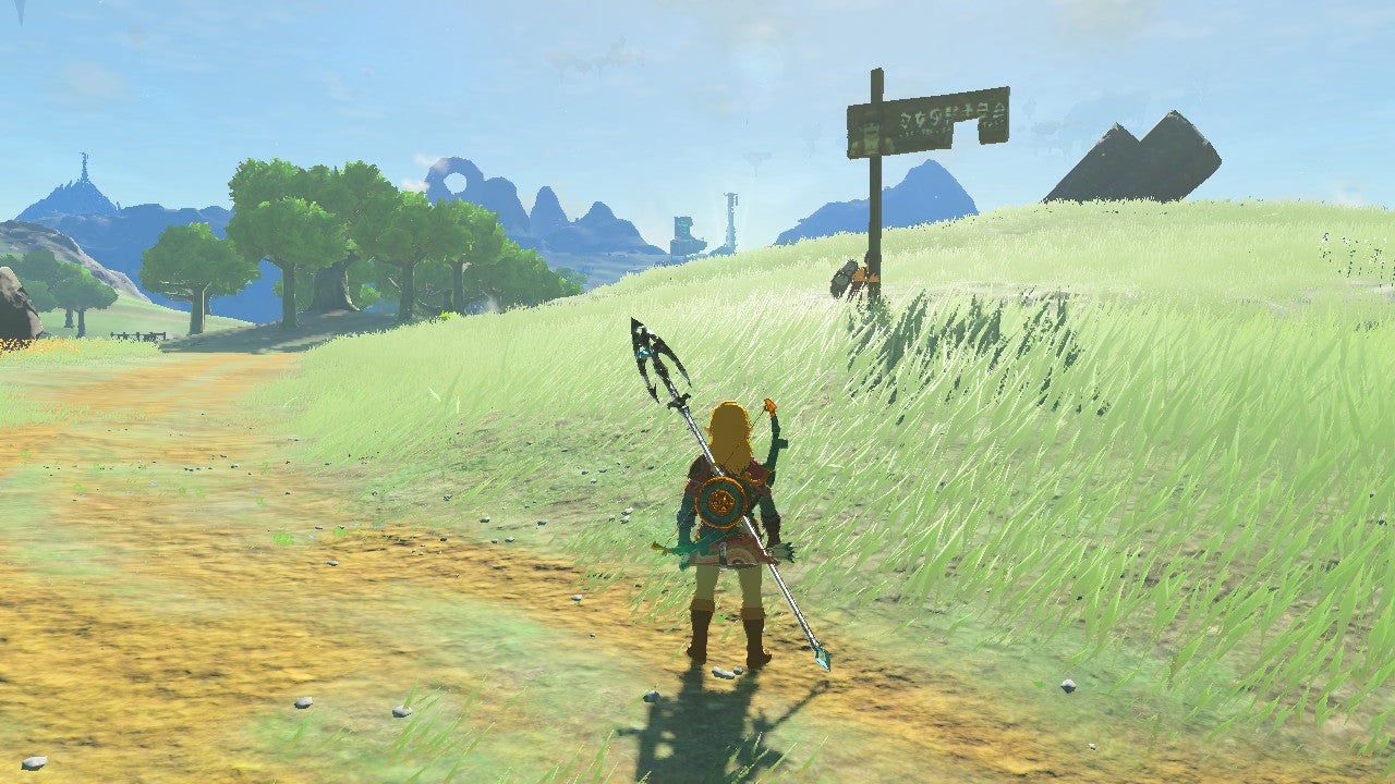 Addison struggles to raise a banner on the rolling green hills of Hyrule.