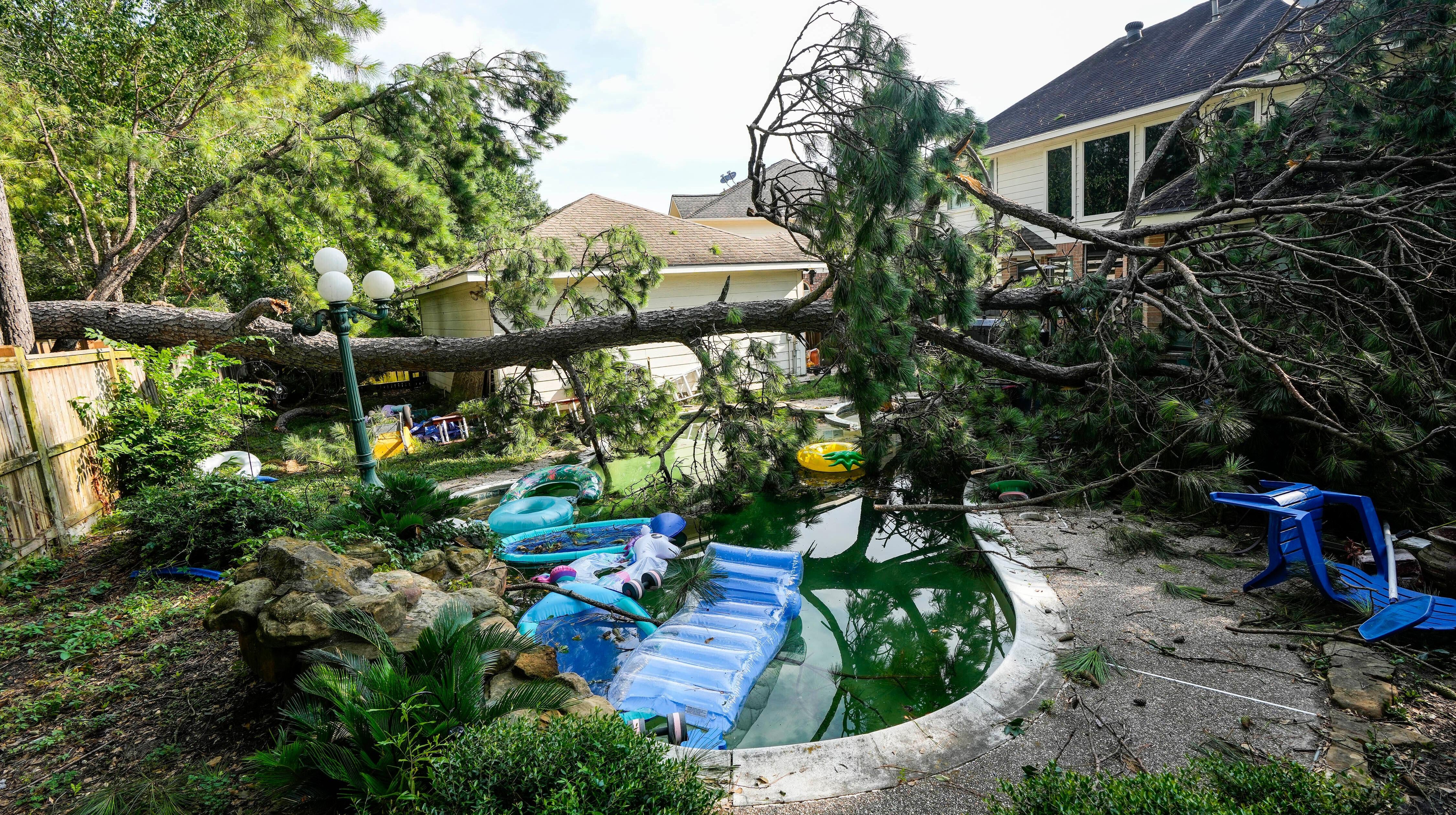 شجرة سقطت في الفناء الخلفي لمنزل جريس هاتفيلد ، الخميس ، 22 يونيو 2023 في سبرينغ ، تكساس ، بعد أن هبت عاصفة ليلية في المنطقة ، مما أدى إلى انقطاع التيار الكهربائي وسقوط الأشجار.