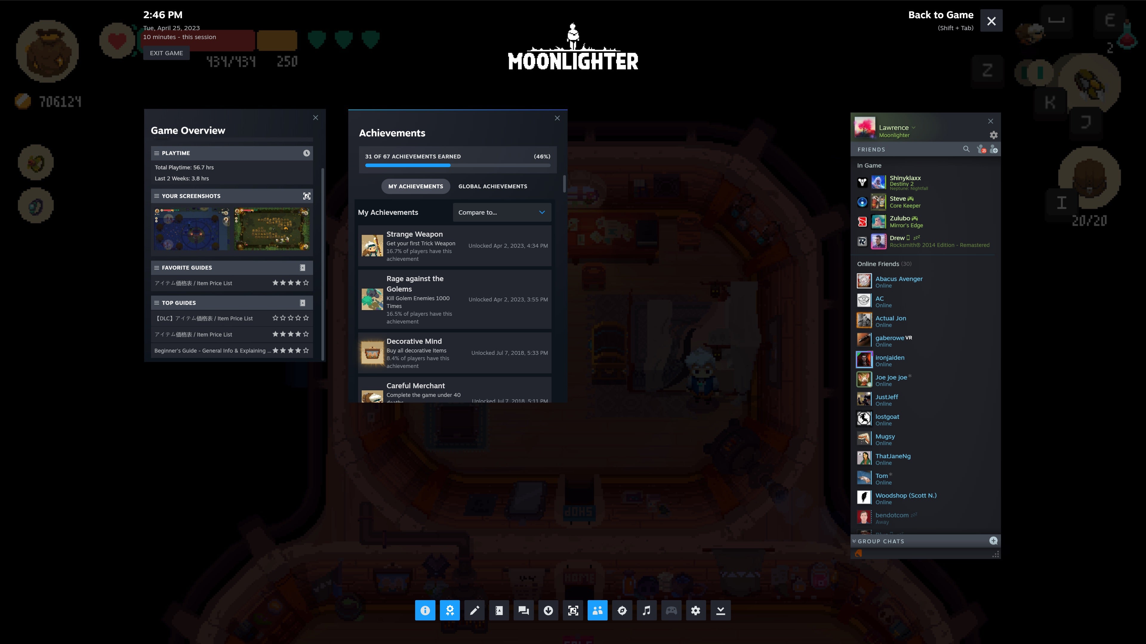 La barra de herramientas de Steam aparece durante una sesión de Moonlighter.