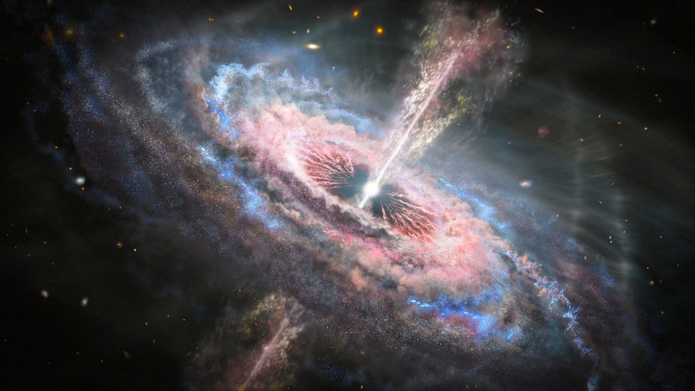 Egy művész elképzelése a kvazárról, a világító galaktikus magról, amelynek magjában szupermasszív fekete lyuk található.