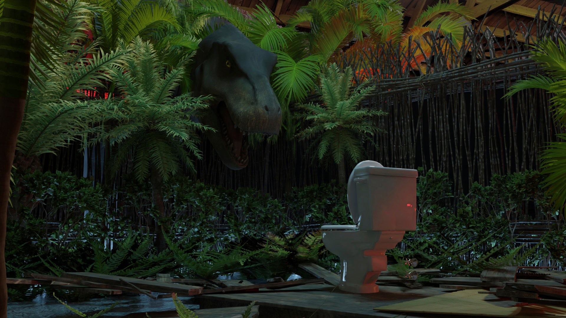 يخرج الديناصور ريكس من الغابة إلى مرحاض وحيد.