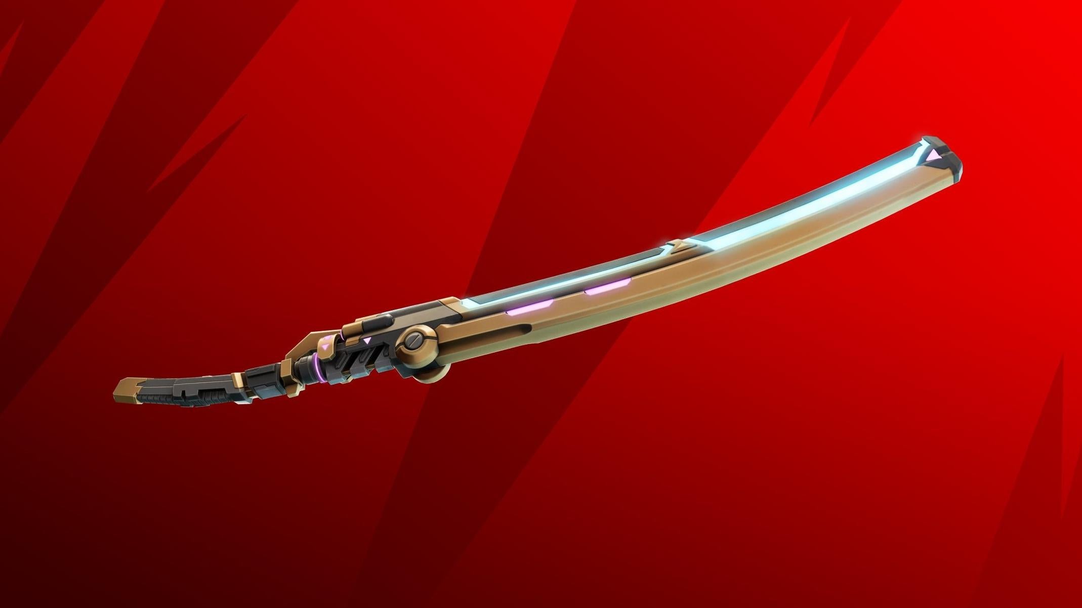 The Fortnite kinetic blade is displayed against a red background.