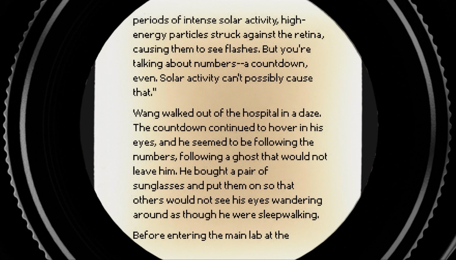 صورة تعرض عرضًا محاكاة لكيفية ظهور النص للعينين أثناء ارتداء Sol Reader.