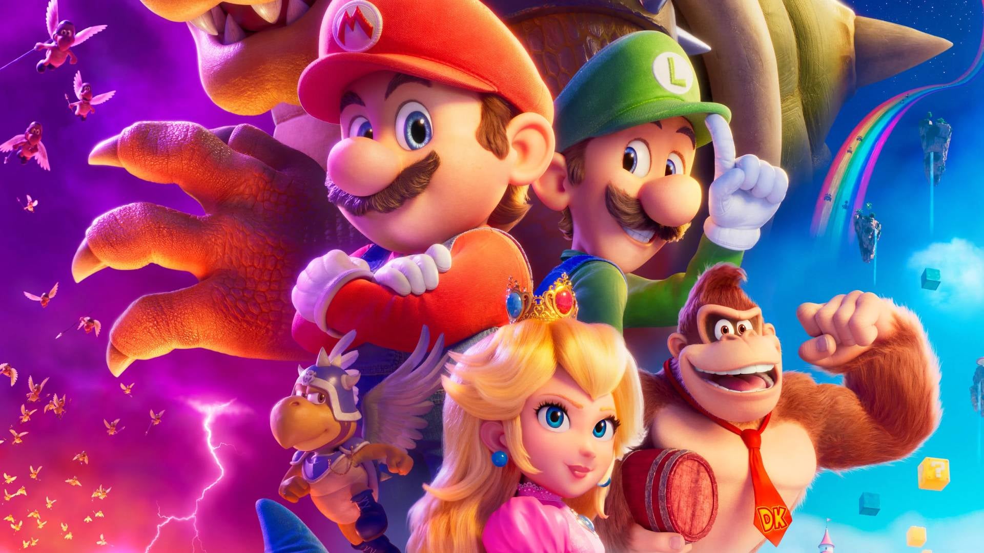 Mario, Luigi, Peach, Kuba und DK werden gezeigt.