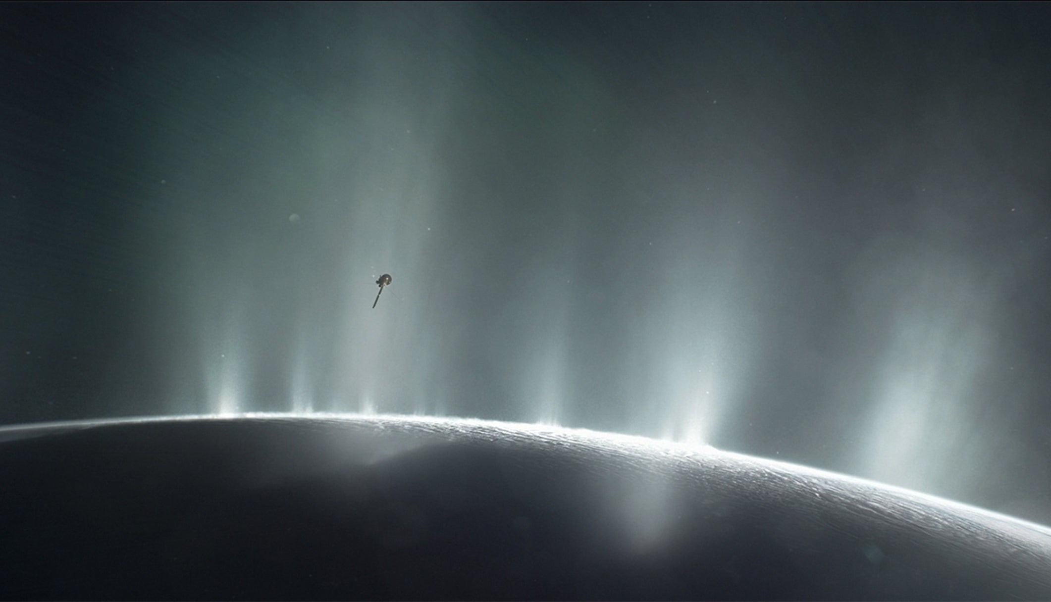 انطباع فنان عن المركبة الفضائية كاسيني وهي تحلق عبر أعمدة إنسيلادوس.