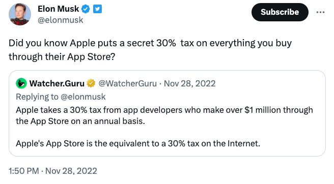 قراءة تغريدة المسك "هل تعلم أن Apple تفرض ضريبة سرية بنسبة 30٪ على كل ما تشتريه من خلال متجر التطبيقات الخاص بها؟"