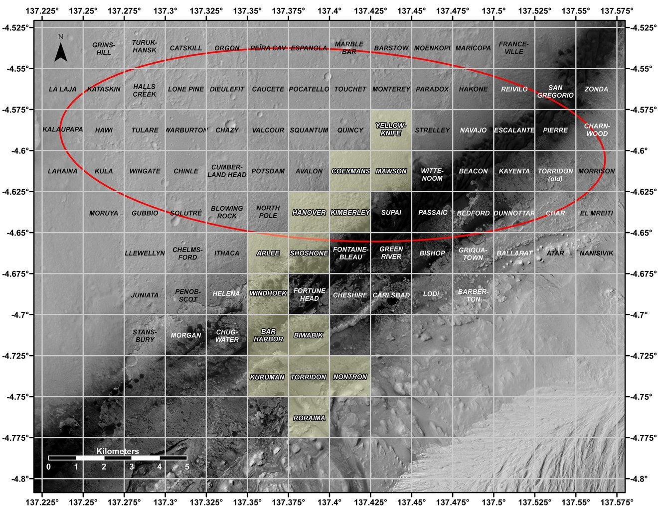 تُظهر هذه الخريطة جميع السمات الرباعية لمركبة كيوريوسيتي المريخ التابعة لوكالة ناسا.