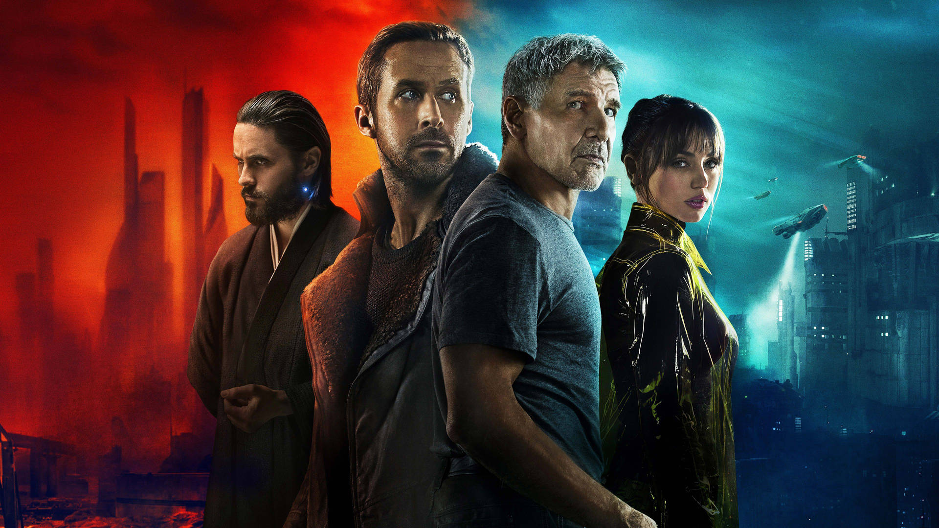 ملصق لـ Warner Bros. '  فيلم Blade Runner 2049 يضم طاقم الممثلين الأساسيين.