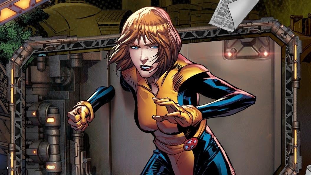 Kitty Pryde se balancea a través de una pared en este arte de la tarjeta Marvel Snap.