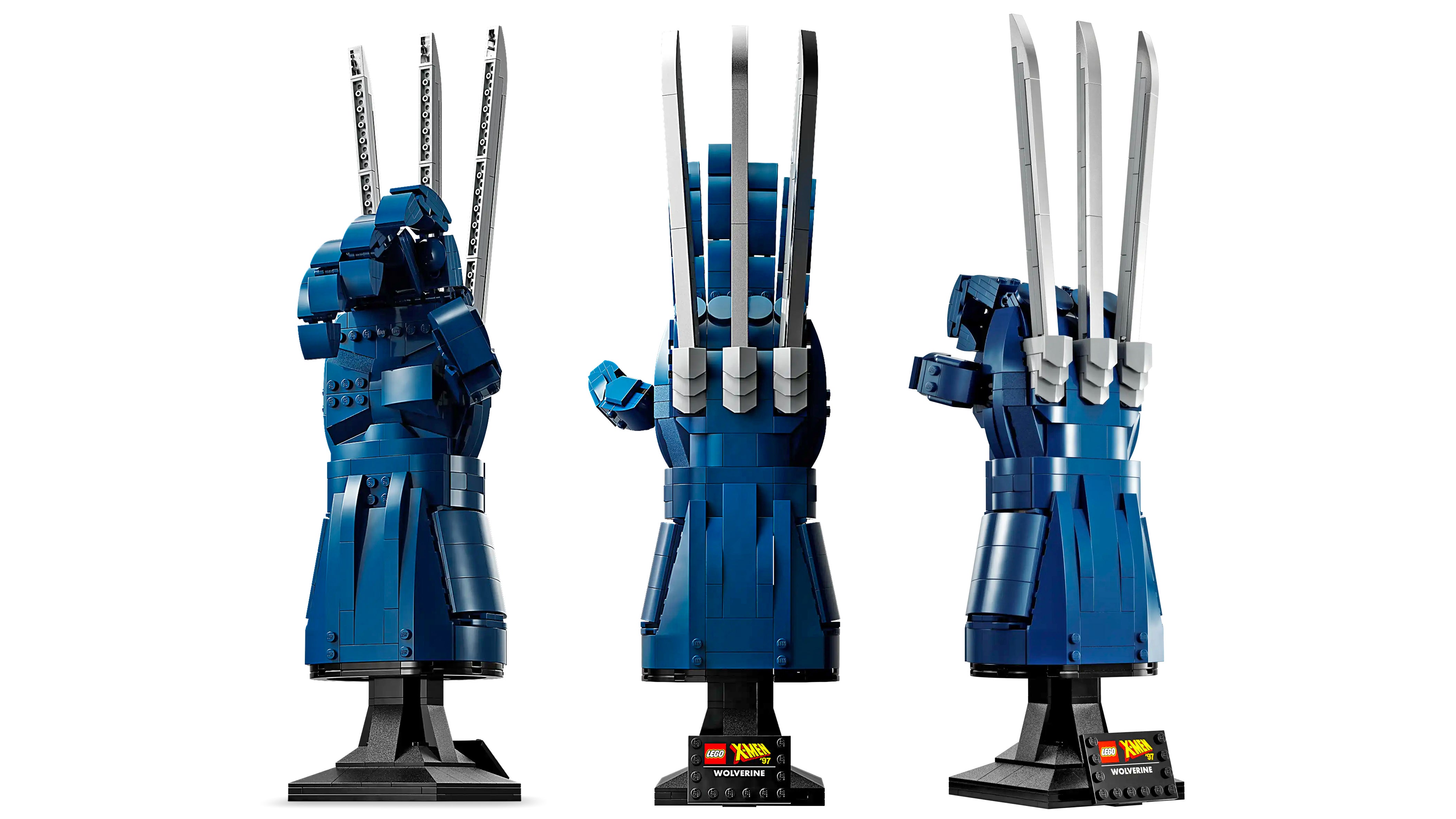 تم عرض مجموعة Adamantium Claws من Lego Marvel Wolverine من ثلاث زوايا مختلفة على خلفية بيضاء.