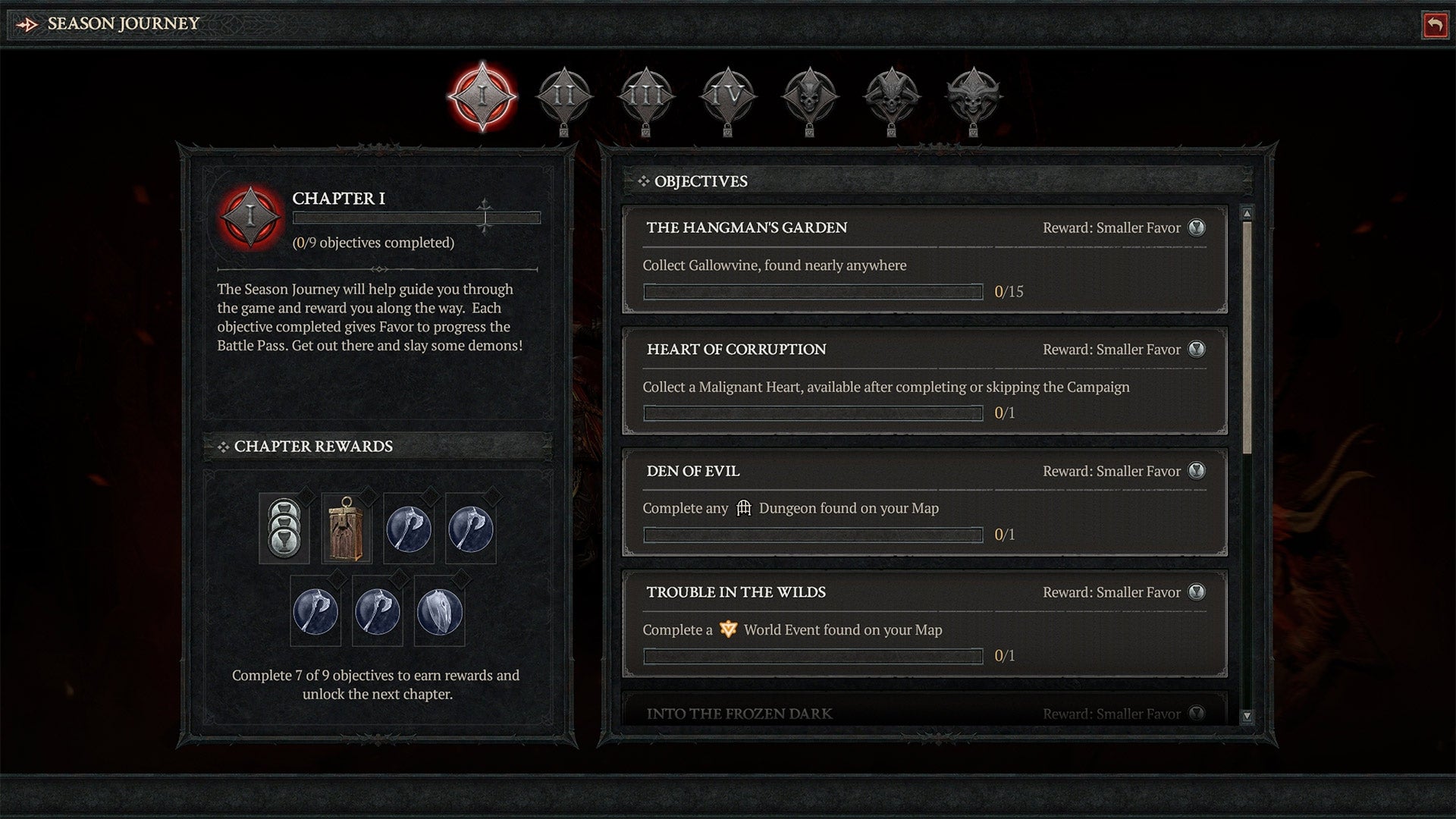 Показан скриншот меню сезонных испытаний Diablo IV.