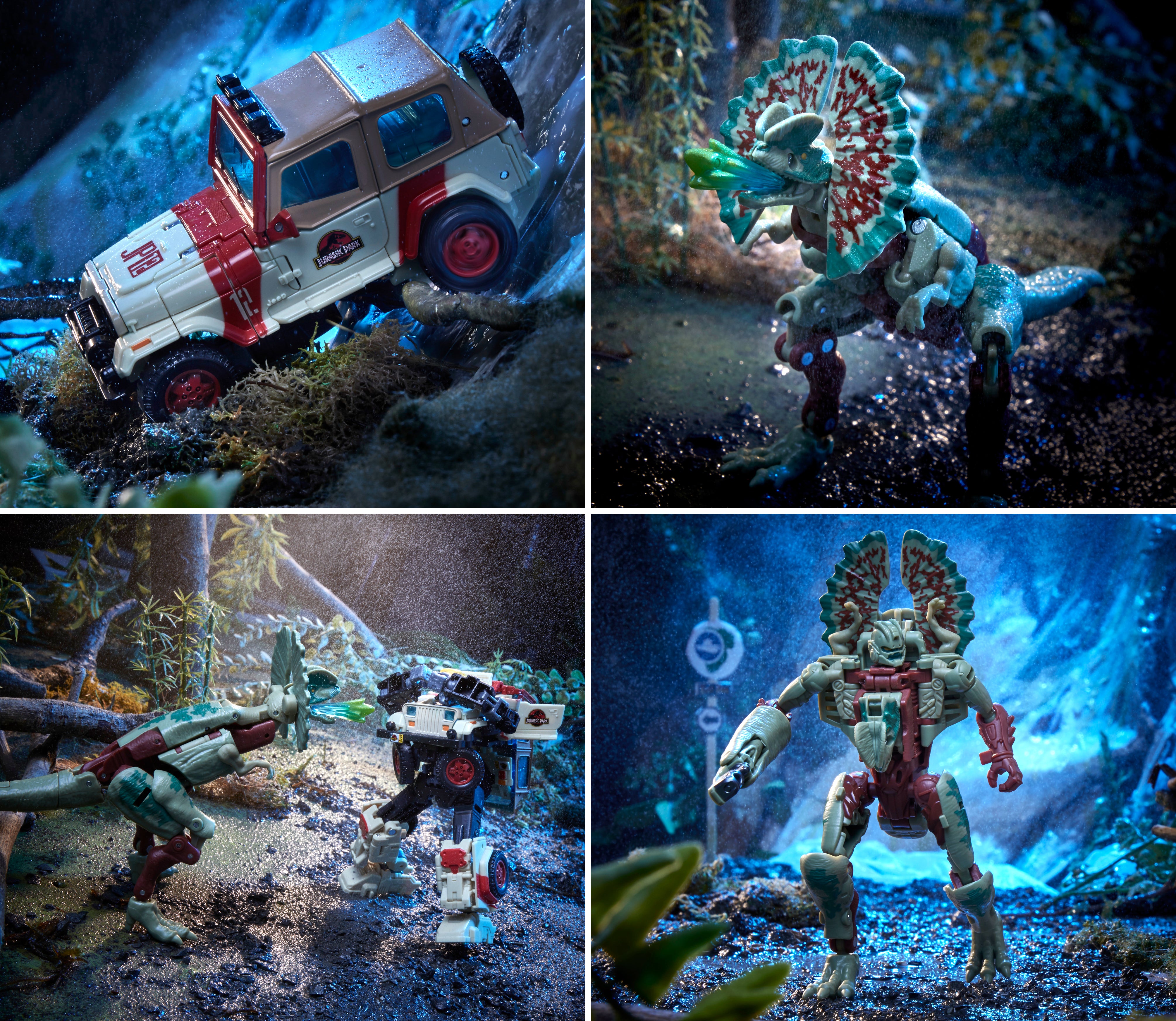 مجموعة من أربع صور تظهر شخصيات Transformers x Jurassic Park في ديوراما مزينة بالغابات.