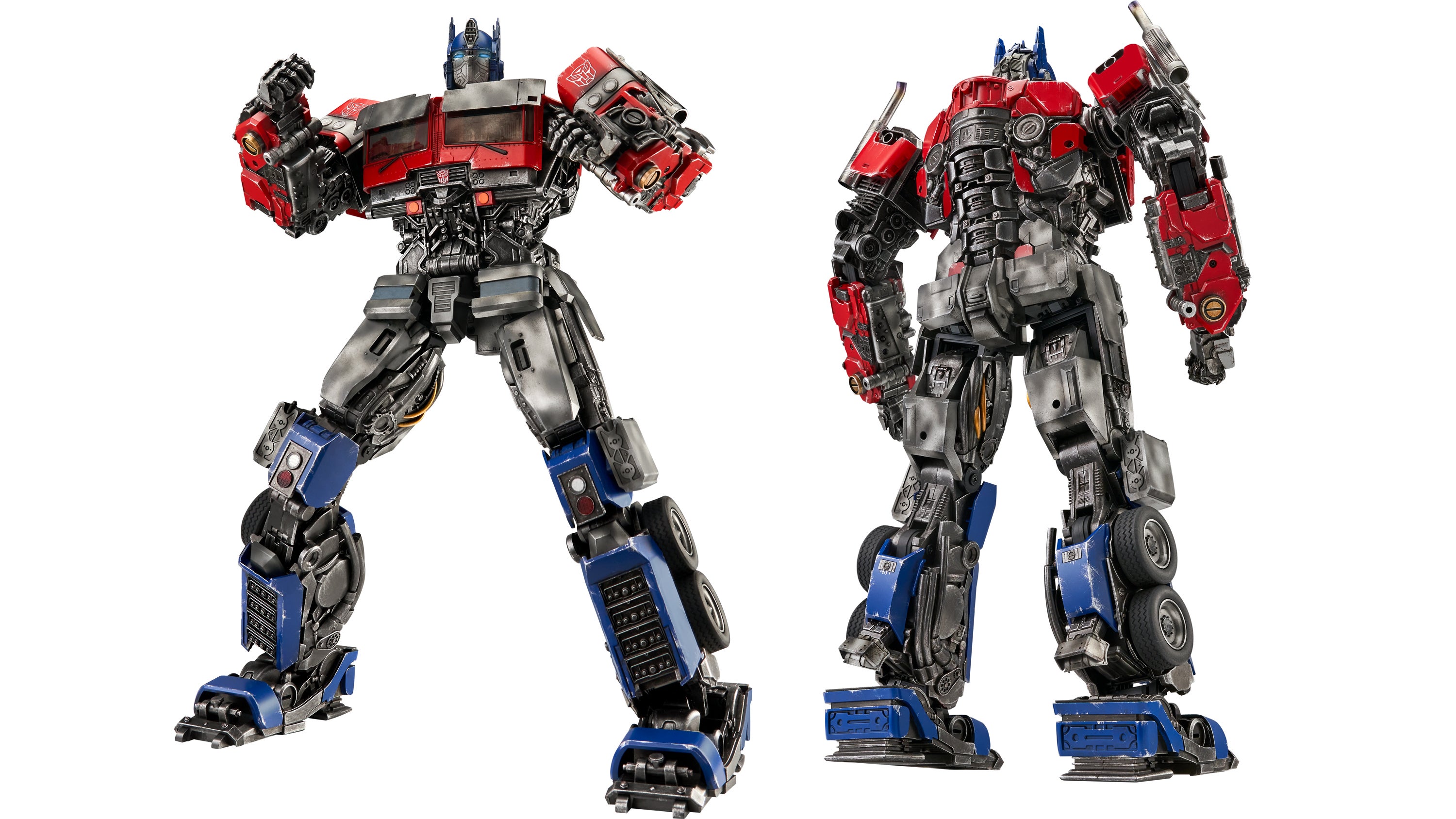 صورتان أمامية وخلفية لمحول Robosen الجديد: لعبة روبوت Rise of the Beasts Optimus Prime.