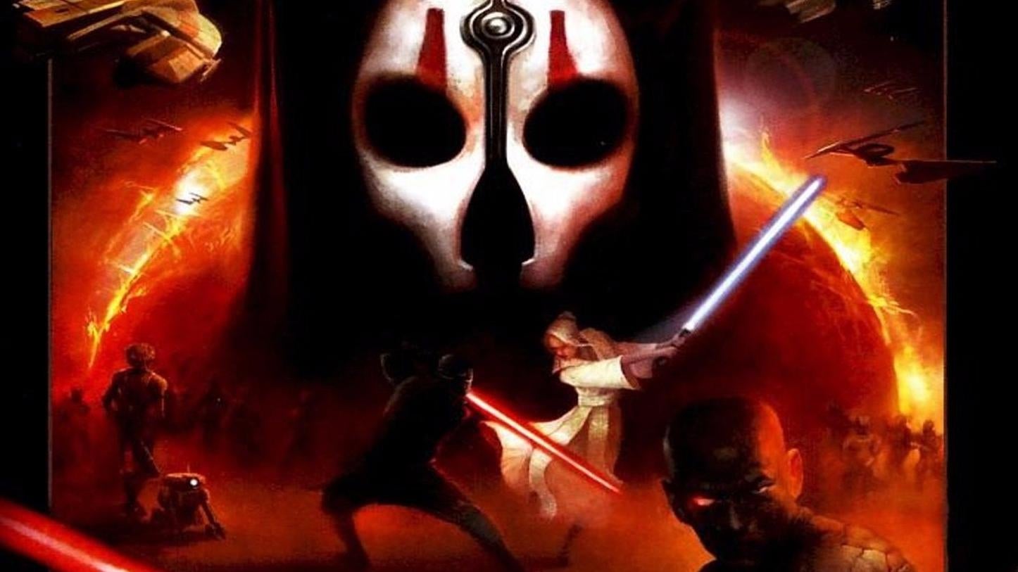 Jedi dan Sith bertarung dalam cover art untuk KOTOR 2.