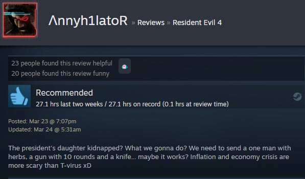 Captura de pantalla de la revisión de texto de un usuario de Steam de Resident Evil 4.