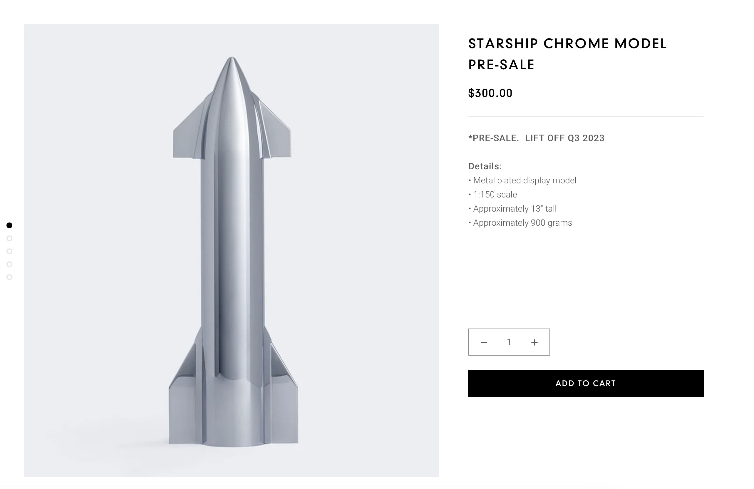 لقطة شاشة لصاروخ Starship Chrome Model في متجر SpaceX.