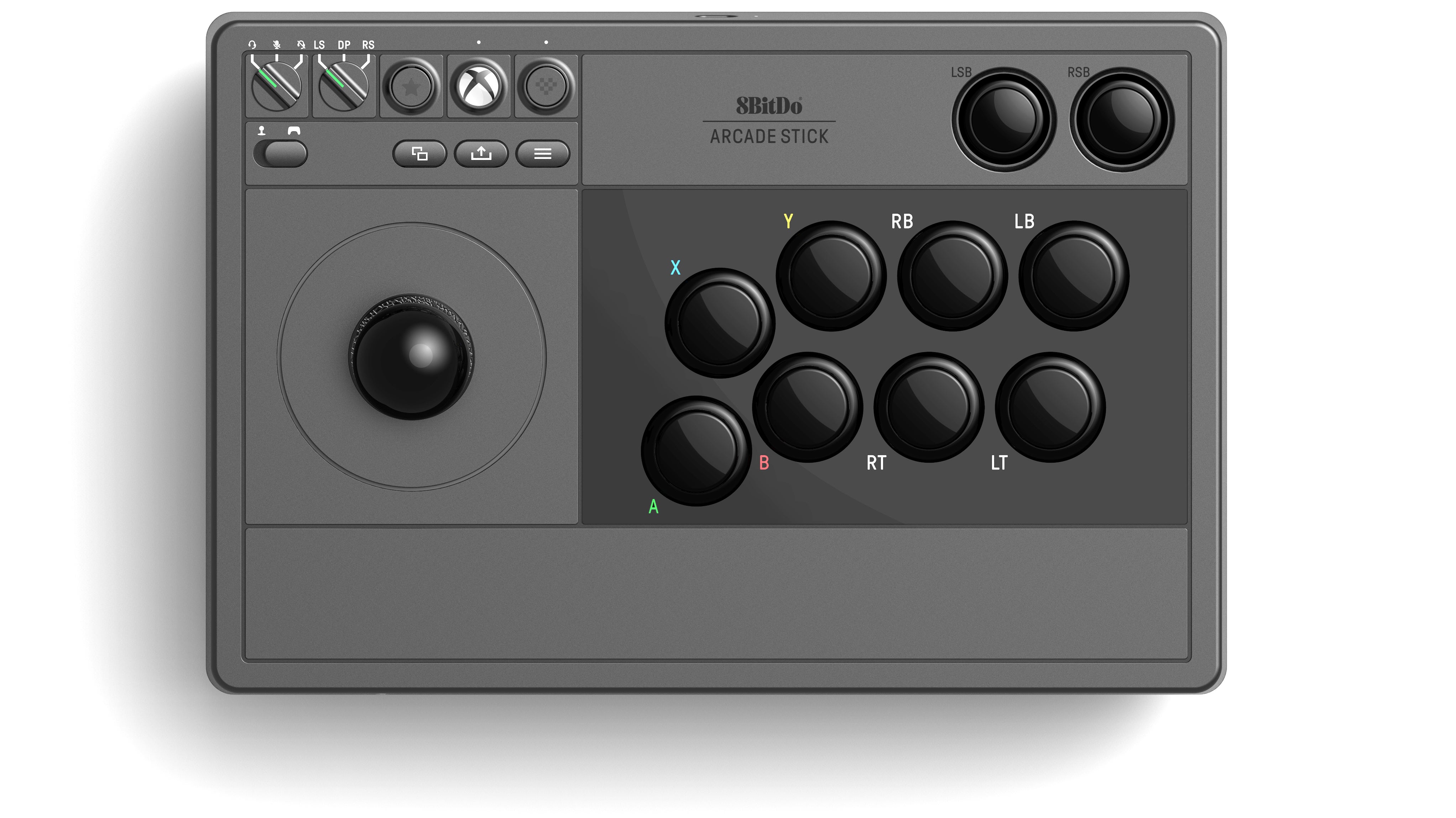 لقطة علوية للنسخة السوداء من 8BitDo Wireless Arcade Stick لأجهزة Xbox.