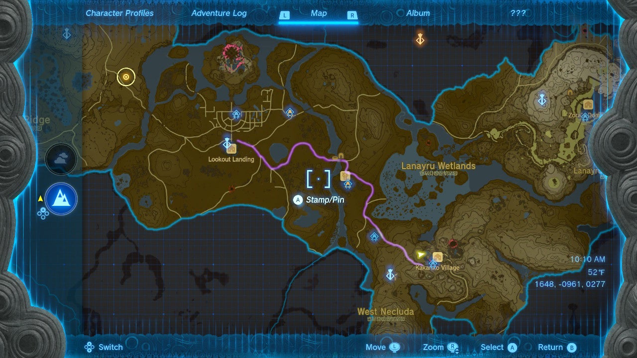 The Hyrule map shows a marked path from Lookout Landing to Kakariko Village.