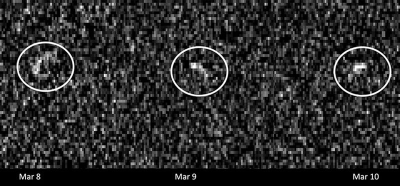 ملاحظات الرادار للكويكب أبوفيس في 8 و 9 و 10 مارس 2021 خلال آخر اقتراب قريب من الأرض قبل تحليقه في 2029.
