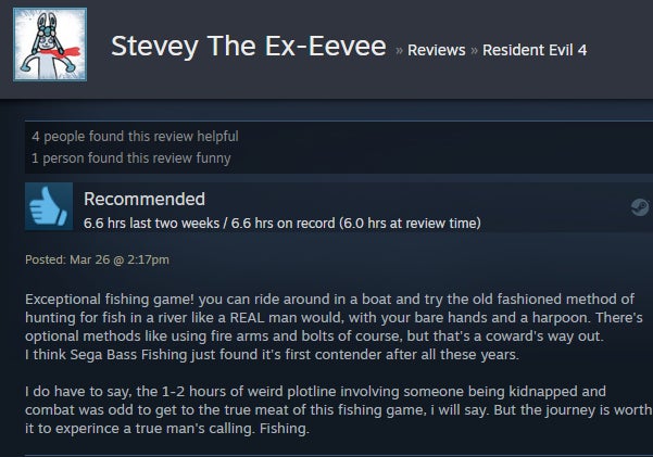 Capture d'écran de la critique textuelle d'un utilisateur Steam de Resident Evil 4.