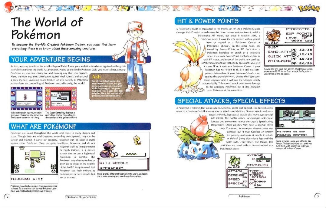 Uma digitalização de um guia Pokémon com os originais desbotados de Red, Pidgeot e Ivysaur é mostrada.