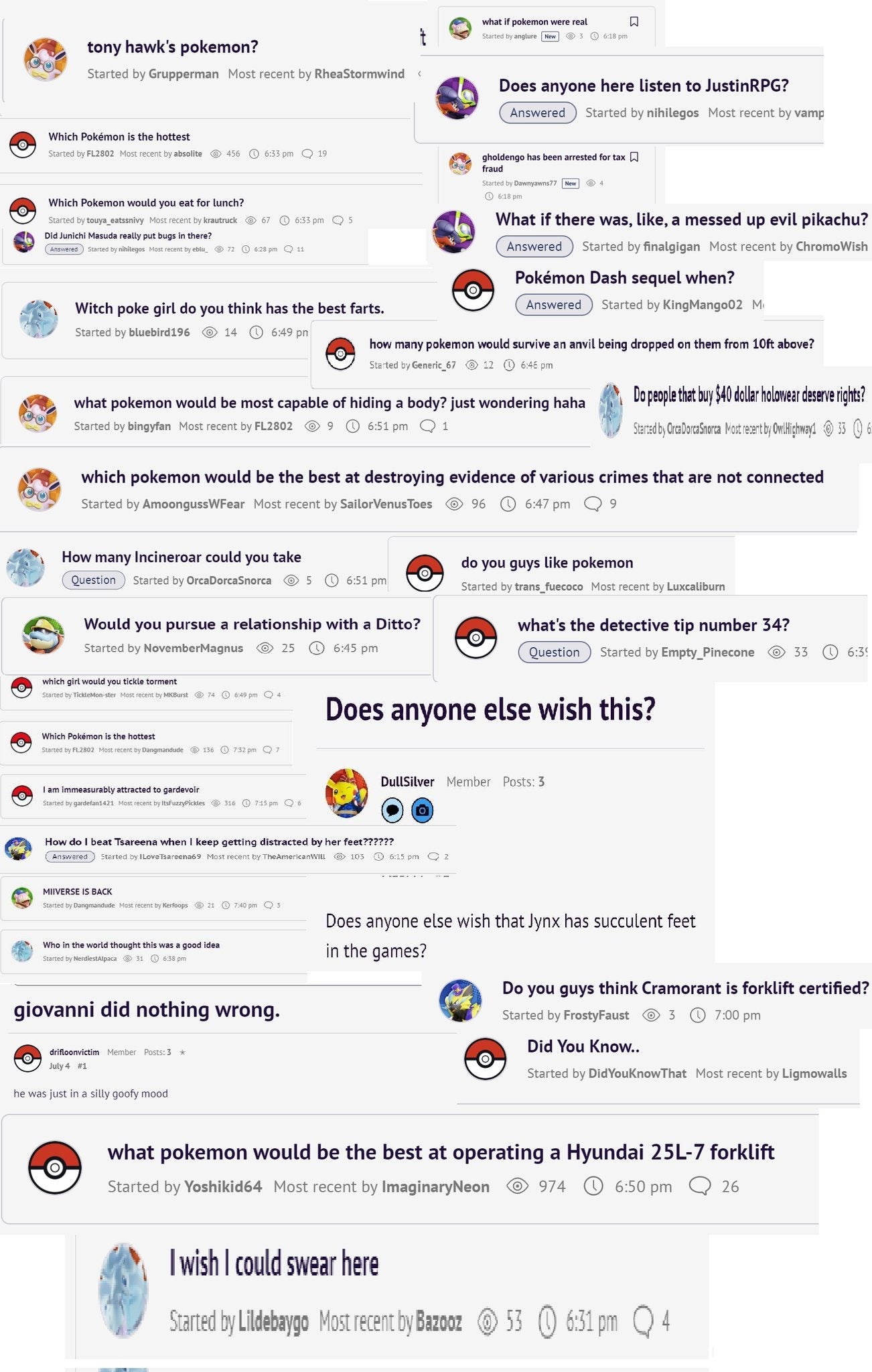 Se presentan numerosos temas de los foros de Pokémon, que van desde lo hilarante hasta lo extremadamente condenatorio.