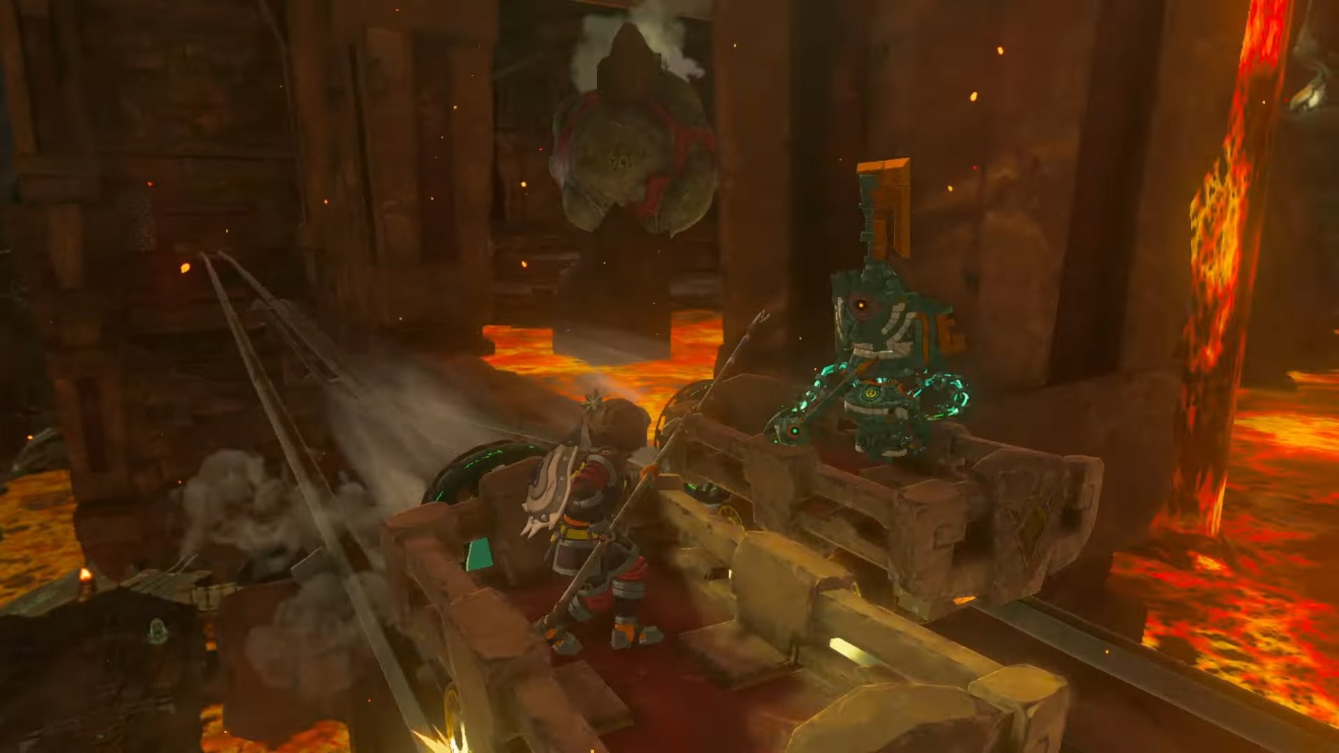 Link luta contra um inimigo em um trilho.