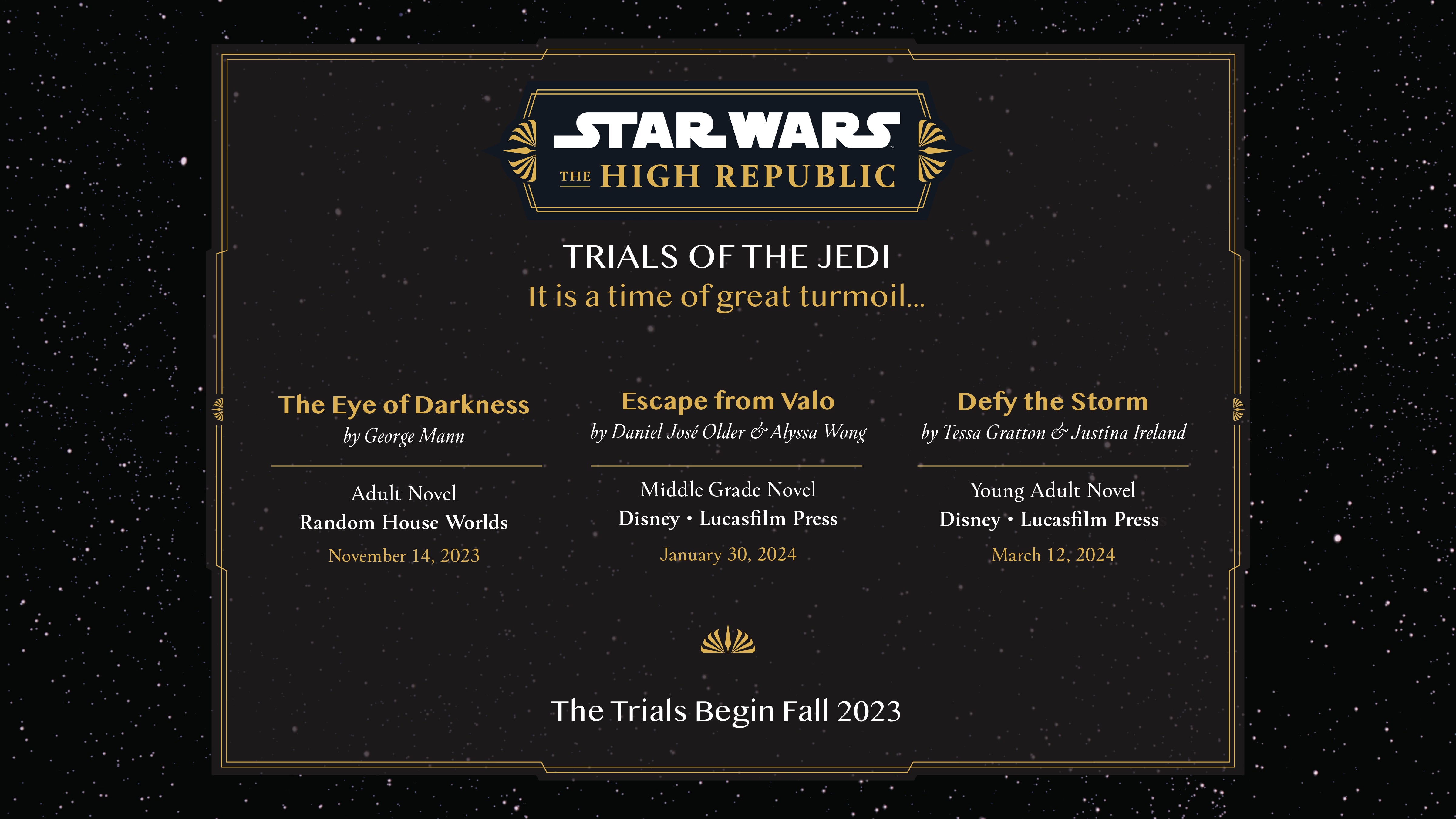 Imagen que enumera las fechas de publicación de los libros en Star Wars: The High Republic Phase III, etiquetada "Pruebas de Capricornio."