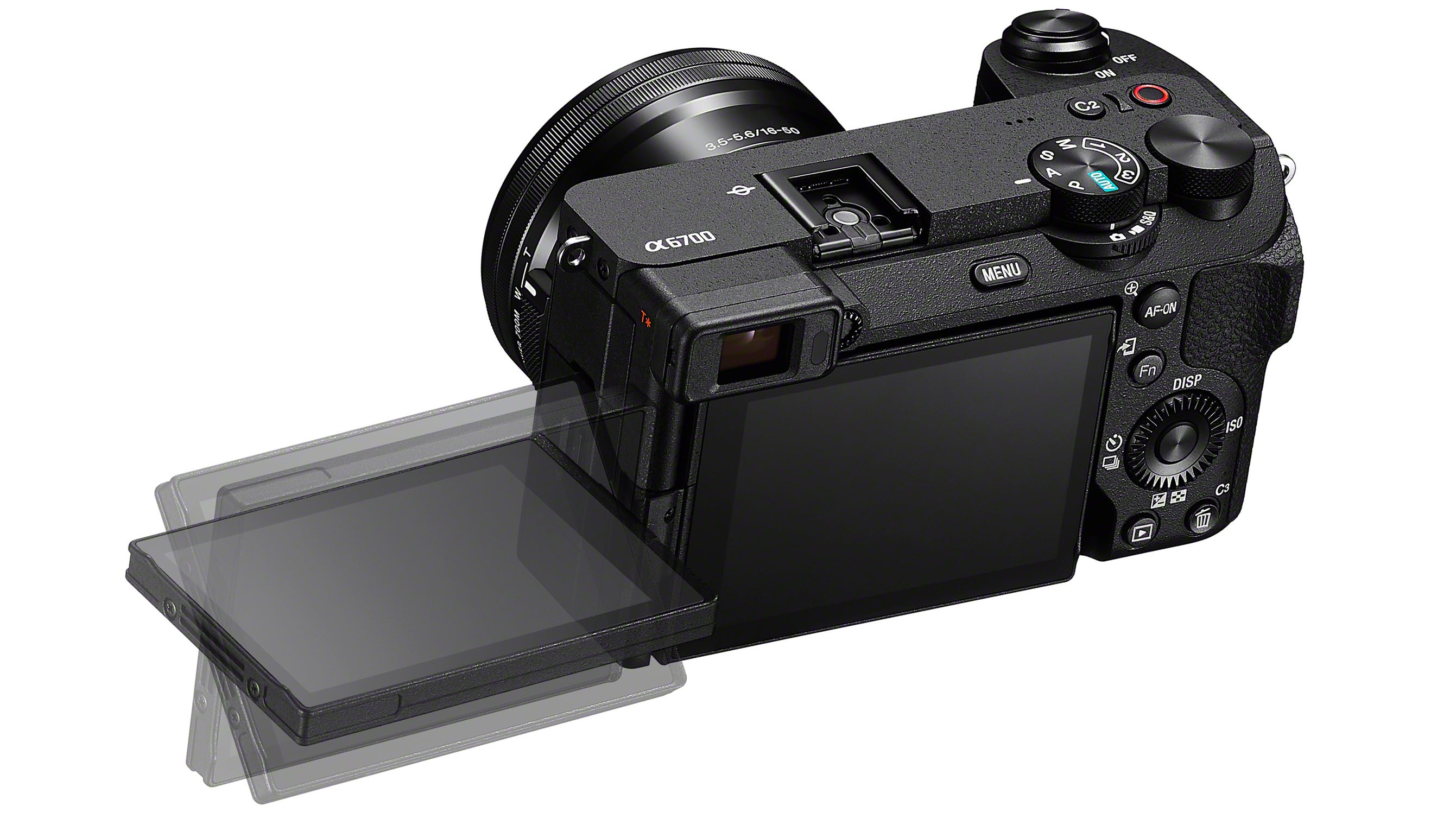 كاميرا Sony A6700 الرقمية مع شاشة LCD متغيرة الزاوية ممتدة على خلفية بيضاء.
