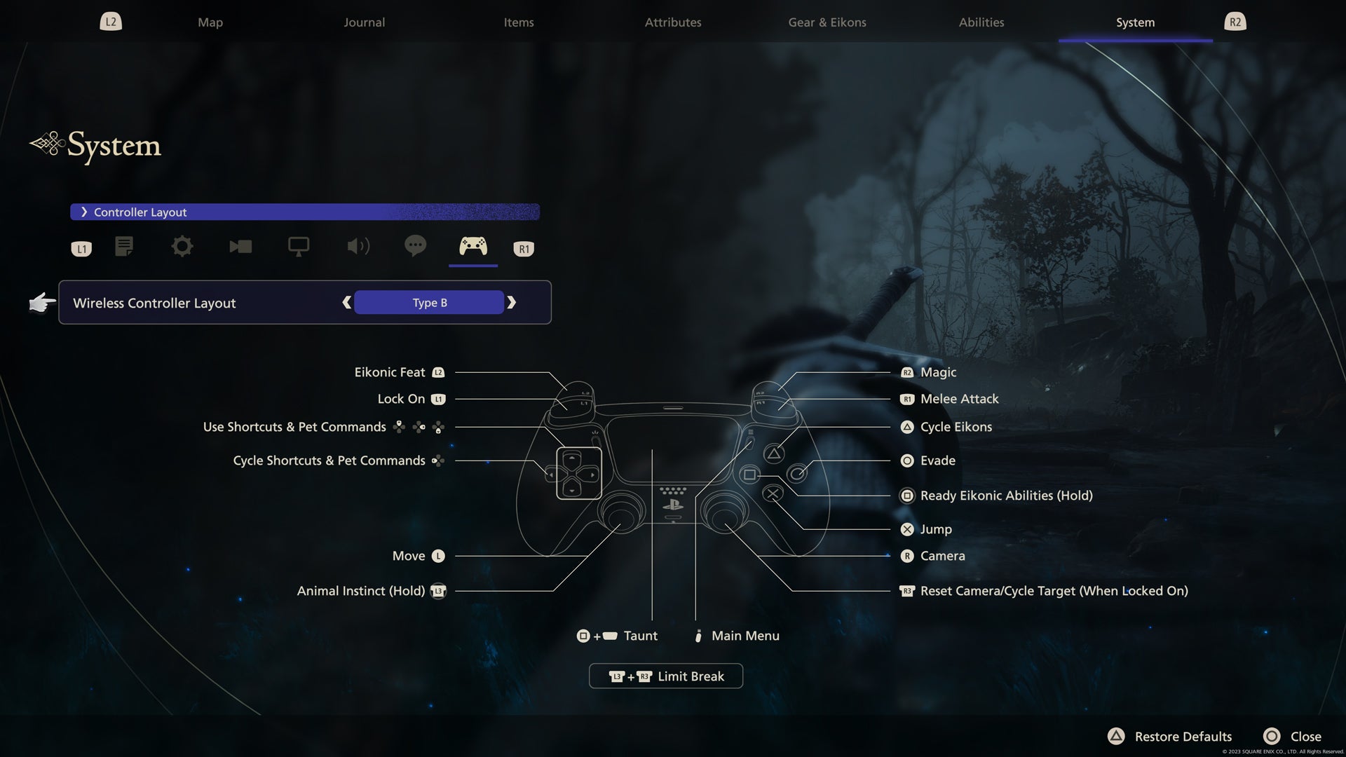 Shows a screenshot of the alternate control system menu in Final Fantasy XVI.