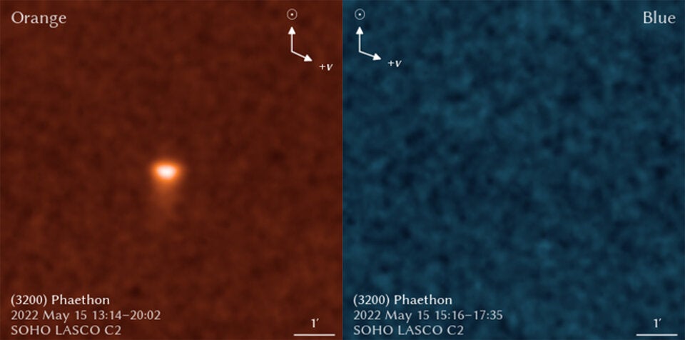 على اليسار ، يُظهر المرشح البرتقالي الحساس للصوديوم كويكبًا ذا ذيل صغير ، وعلى اليمين ، لا يُظهر المرشح الأزرق الحساس للغبار أي علامة على فايثون.