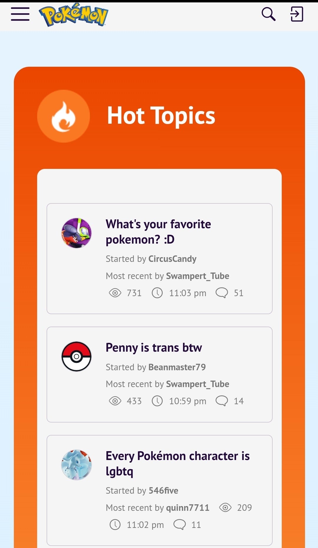 Os tópicos do fórum são exibidos, incl "por sinal," E "Todo personagem Pokémon é LGBTQ."