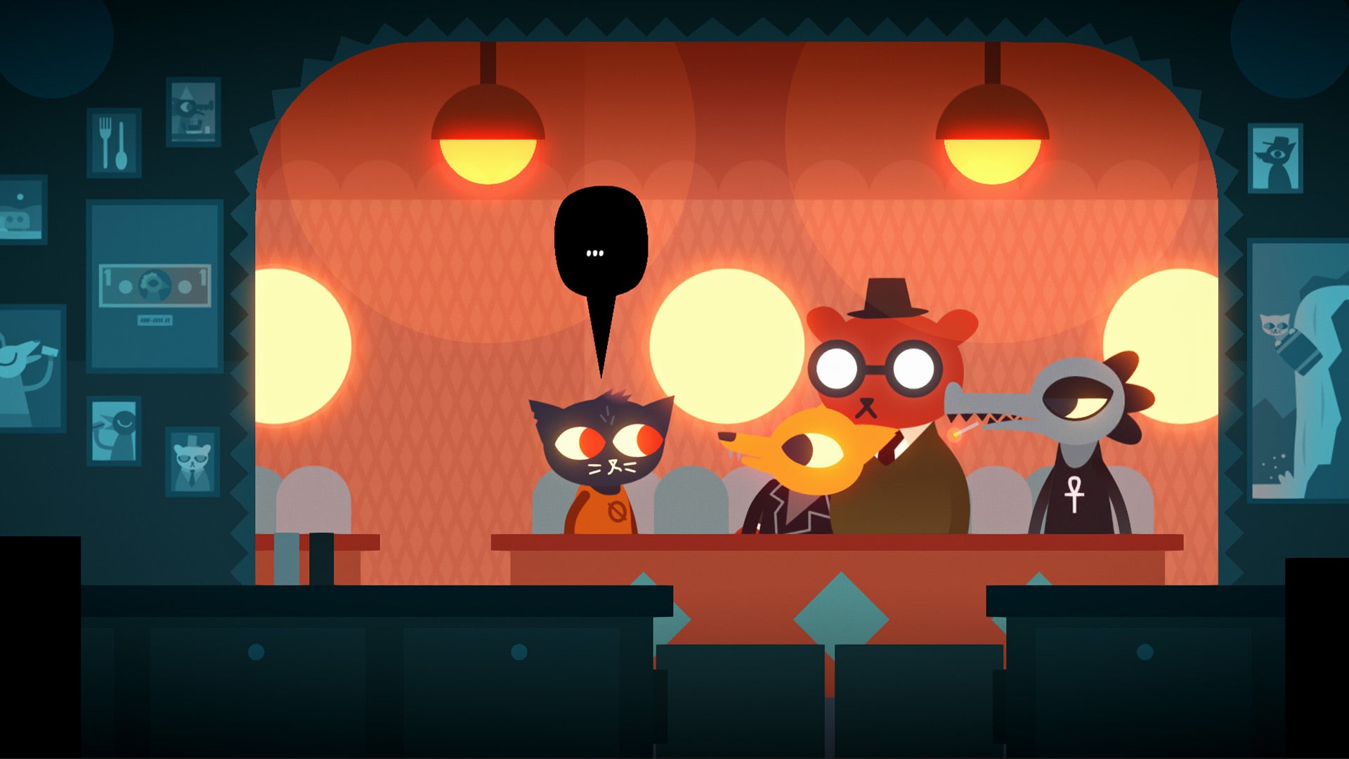 Night in the Woods Mae is hanging out at a coffee shop with Gregg, Angus and Bae.