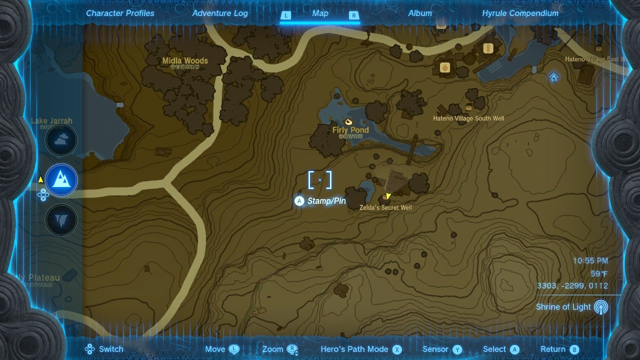 Mapa Hyrule ukazuje Zeldinu tajnú studňu.