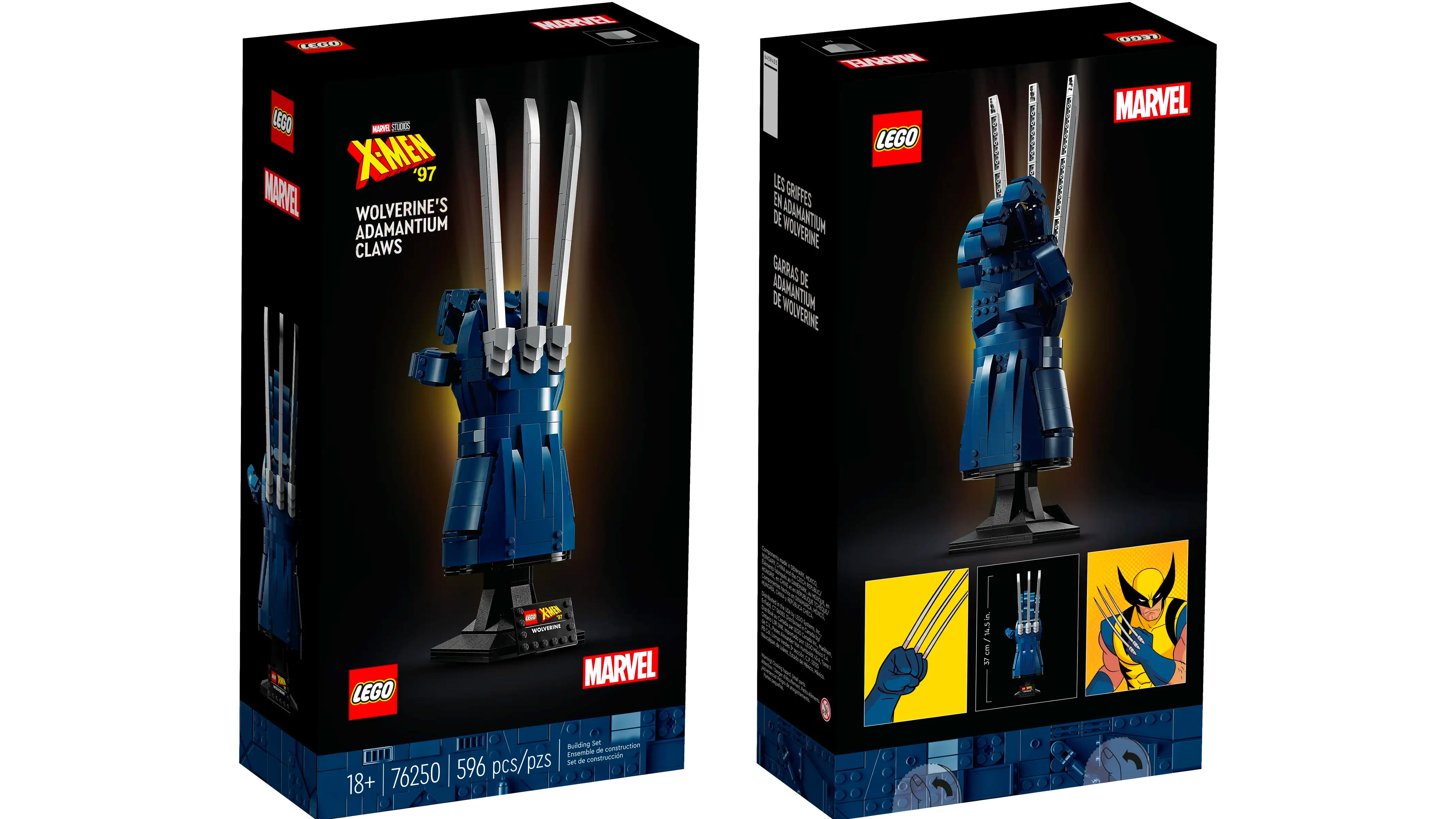 الجزء الأمامي والخلفي من عبوة مجموعة Adamantium Claws من Lego Marvel Wolverine.