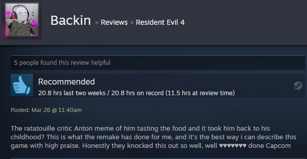 Captura de pantalla de la revisión de texto de un usuario de Steam de Resident Evil 4.