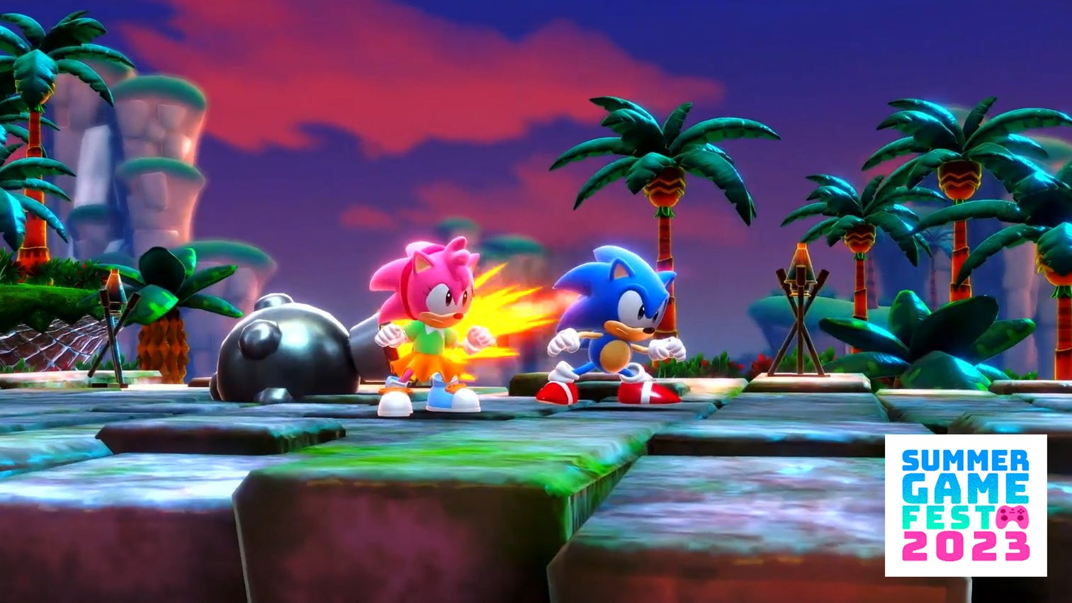Sonic e Amy são vistos na glória HD contra um céu roxo e palmeiras.