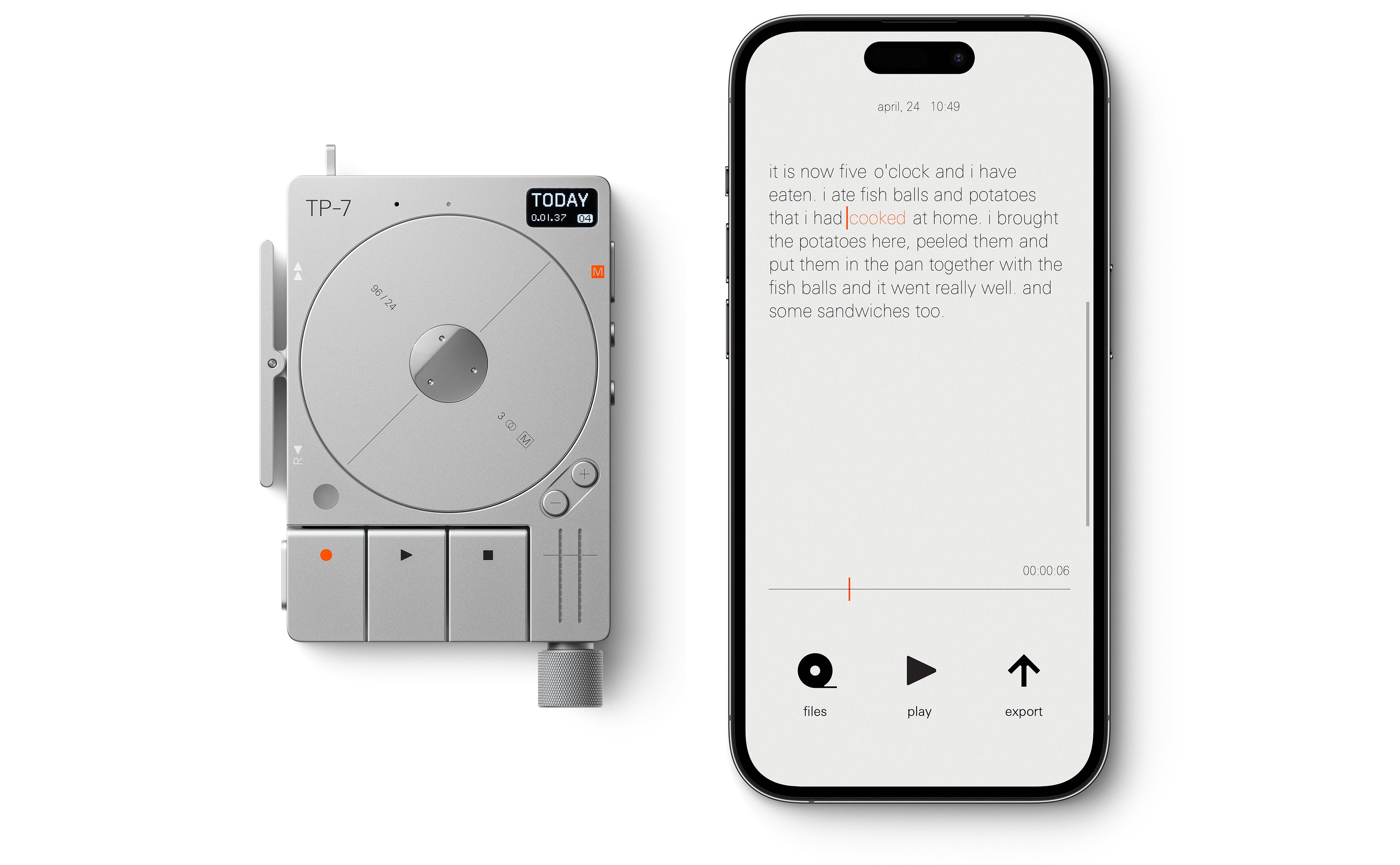 The Teenage Engineering TP-7 Field Recorder بجوار iPhone وتطبيق مع تسجيل مكتوب على الشاشة.