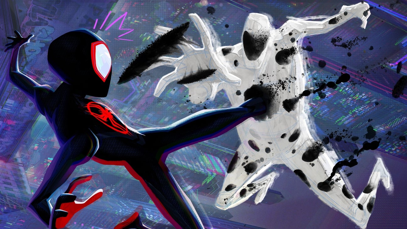 الرجل العنكبوت يقاتل البقعة في Spider-Man: Across the Spider-Verse.