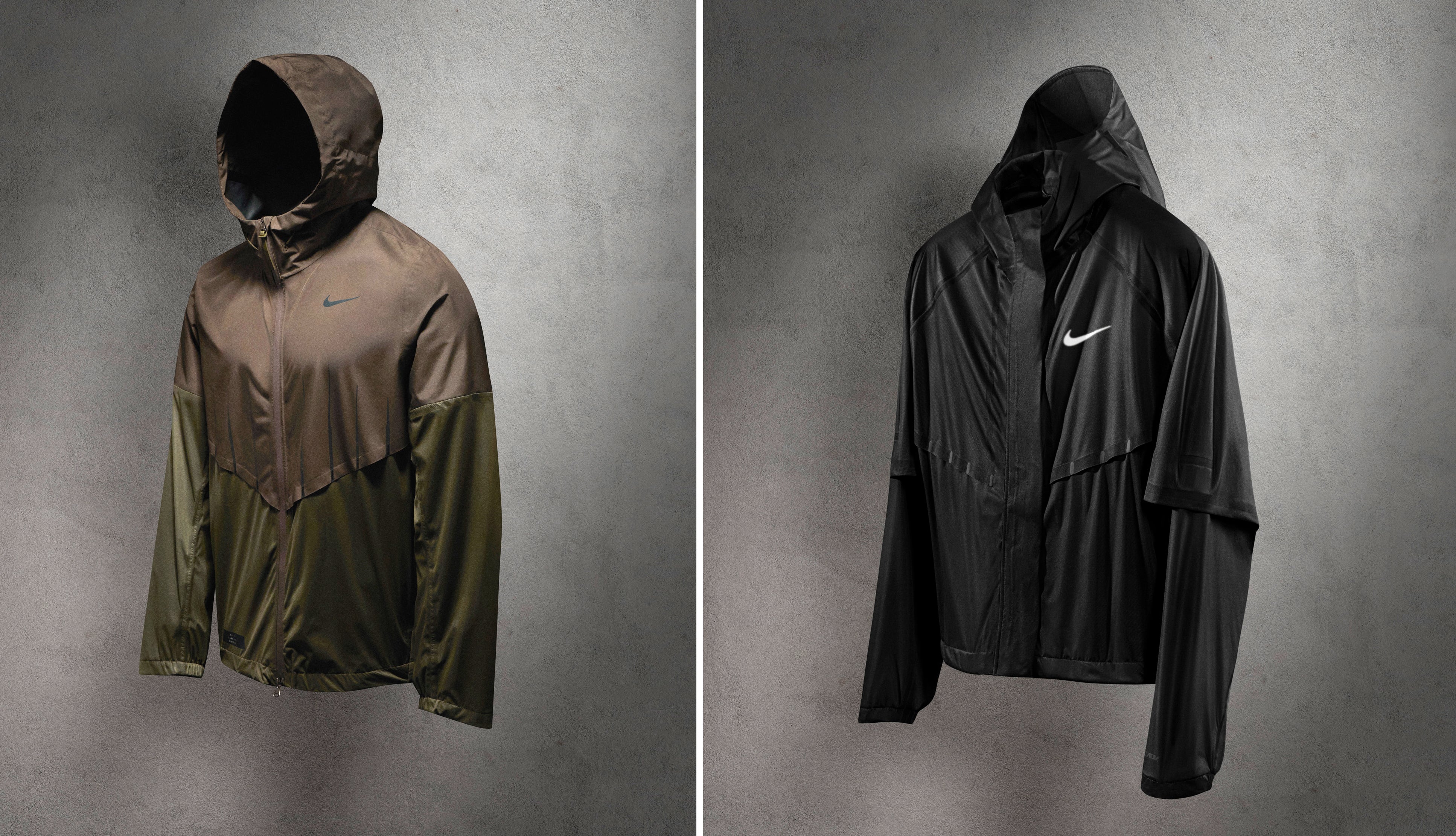 Nike Run Division Origami Jacket pictured in black and brown/green.