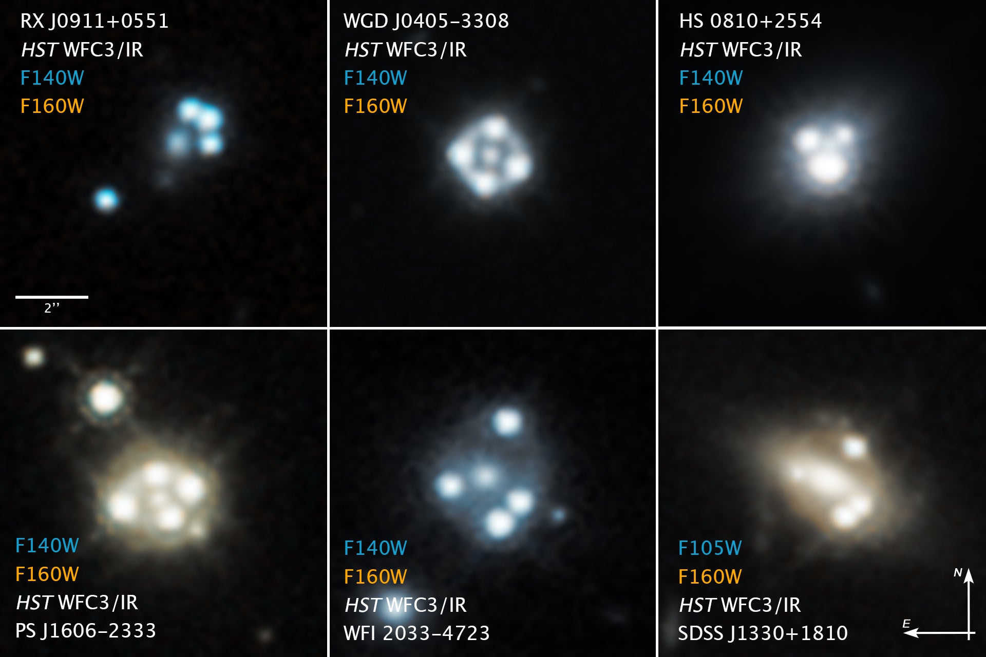 Quasares com lente gravitacional.  A última equipe estudou o quasar superior direito.