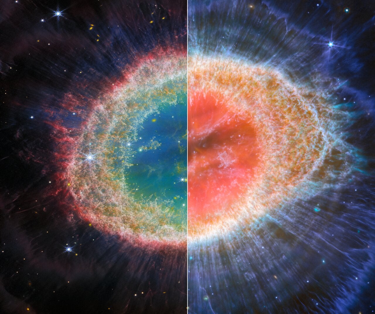 Painel binário combinando imagens NIRCam (esquerda) e MIRI (direita) da nebulosa.