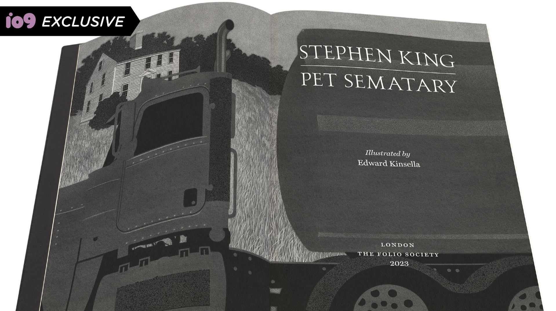 الرسم التوضيحي لإدوارد كينسيلا لصفحة العنوان الخاصة بـ Stephen King's Pet Sematary ، الذي يصور شاحنة أمام مزرعة.